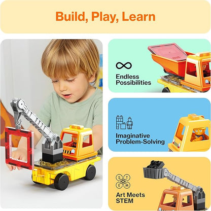 PicassoTiles Magnet Tile Building Blocks 3-in-1 Crane, Dump Truck, and Ladder Construction Vehicle Brick Compatible Magnetic Tiles Toy Set with Car Base Character Action STEM Learning Kit Age 3+ PTU03