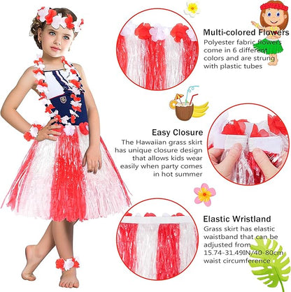 Fortuning's JDS Hawaiian Hula Grass Skirt for Girls Elastic Flower Costume Kids Outfits for Luau Tropical Beach Party Decor