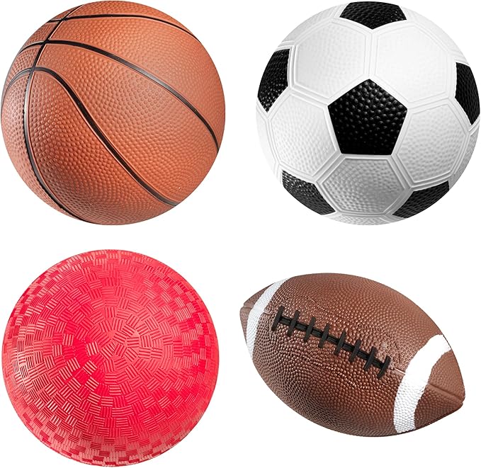 Sports Balls for Kids & Toddlers - (Pack of 4) 5-inch Sports Set Includes Football, Small Size Soccer, Basketball, and Playground Balls, Fun Indoors & Outdoor Toys (Hand Pump Included)