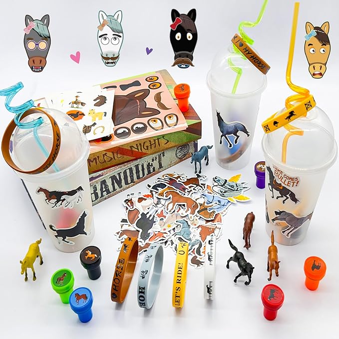 122 Pcs Horse Party Favors, Farmhouse Pony Party Supplies with Cup Straw Tattoo Sticker Goodie Bags Fillers Treat Bag Gifts Classroom Rewards for Cowboy Pinatas Western Horses Birthday Party(Horse)