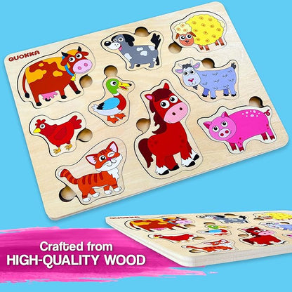 QUOKKA Farm Animals Wooden Puzzles for Toddlers 3-5 - Toddler Puzzles 1-3 Years Old - Gift Domestic Animals Educational Toys for Boys & Girls - Wood Games for Children's Learning 2-4