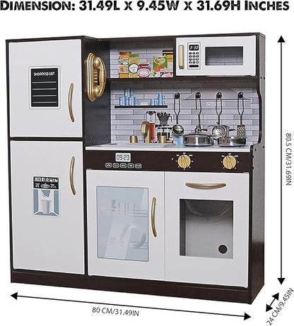 Wooden Play Kitchen Toy Set with Light, Kids Children Pretend Toy Kitchen Playset with Sink Play Toy,Oven Microwave,Toddler Cooking Set Toy for Ages 1-3 2-4 4-8 Baby Girls Boys (Espresso)