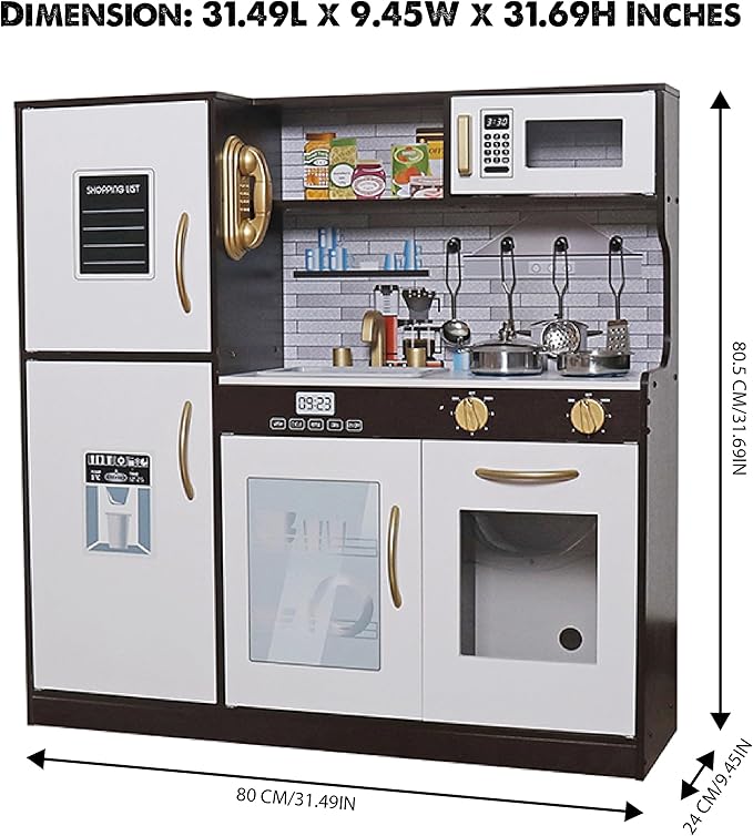 Wooden Play Kitchen Toy Set with Light, Kids Children Pretend Toy Kitchen Playset with Sink Play Toy,Oven Microwave,Toddler Cooking Set Toy for Ages 1-3 2-4 4-8 Baby Girls Boys (Espresso)