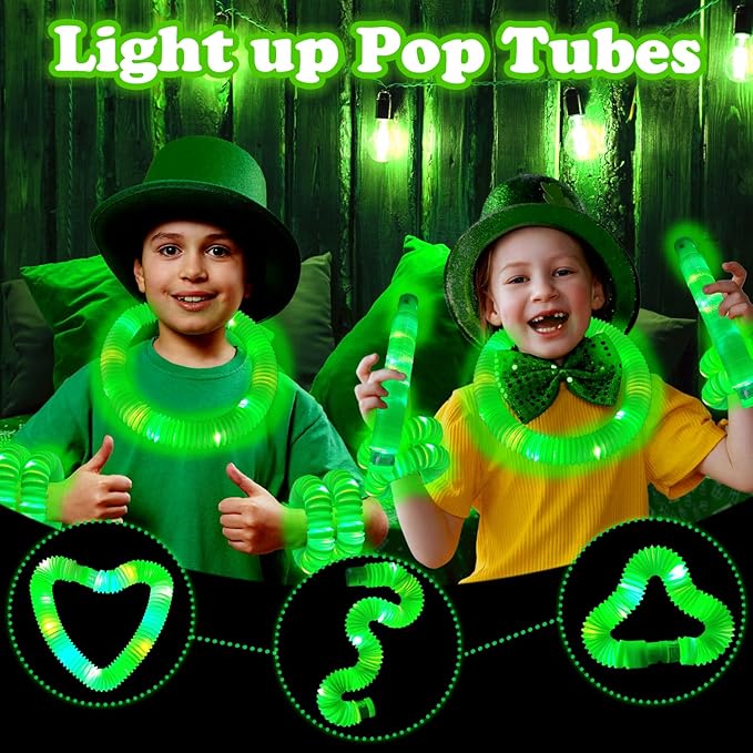12 PCS LED Light up Pop Tubes for Toddlers, Green Glow Sticks St Patricks Day Party Favors for Kids, Neon Necklaces Bracelets Accessories, Glow Birthday Dance Wedding Mardi Gras Party Supplies