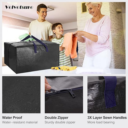 VELVETSURE Heavy Duty Extra Large Moving Bags W/Backpack Straps - Strong Handles & Zippers, Storage Totes For Space Saving, Fold Flat, Alternative to Moving Box and Storage Bin (Set of 6, Black)