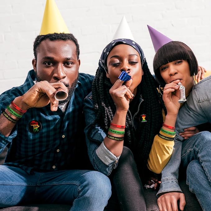 38 Pcs Black History Month Party Favors Including 12 Pcs Elastic Rubber Bracelets 12 Pcs Keychain 12 Pcs Buttons Badges Pins 2 Pcs Labels Stickers for Party African Black Freedom Day Supplies