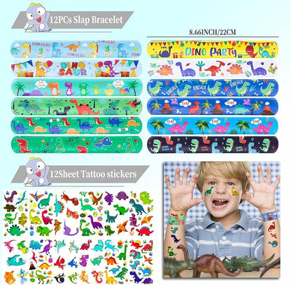 194Pcs Dinosaur party favors Dinosaur Rings for Boy Kids Party Supplies Dinosaur slap Bracelet Tattoos Keychains Dinosaur Theme Party supplies for Birthday party goodie bag Fillers