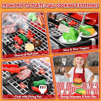 86PCS Kids Play Kitchen Toys: Kids Grill Playset with Smoke, Sound, Light, UV&Water Color-Changing Play Food, Pretend Kids Kitchen Playset, Interactive BBQ Outdoor Toys, Birthday Gift for Toddler