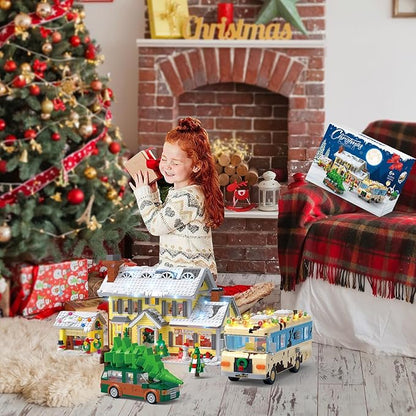 Snow Village Building Set,4 in 1 Christmas Vacation Holiday House&Cousin Eddie's RV&Picup Truck&Garage Building Blocks Model Kit Compatible with Lego for Child Adults(2056PCS)