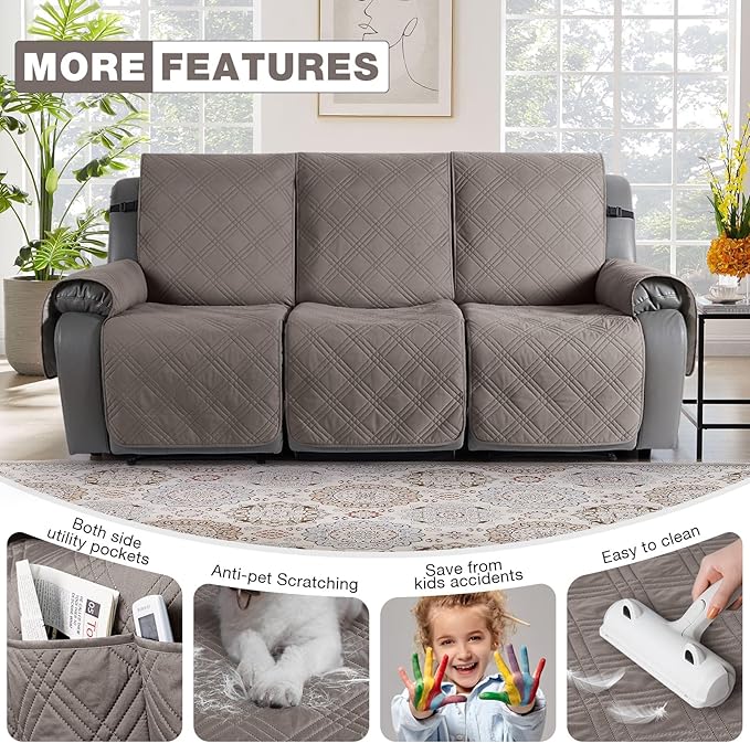 TAOCOCO Waterproof Recliner Sofa Cover, Non Slip Split Recliner Couch Cover with Elastic Straps Pocket, Washable Reclining Sofa Cover Furniture Protector for Kids, Dogs, Pets(3 Seater, Light Brown)