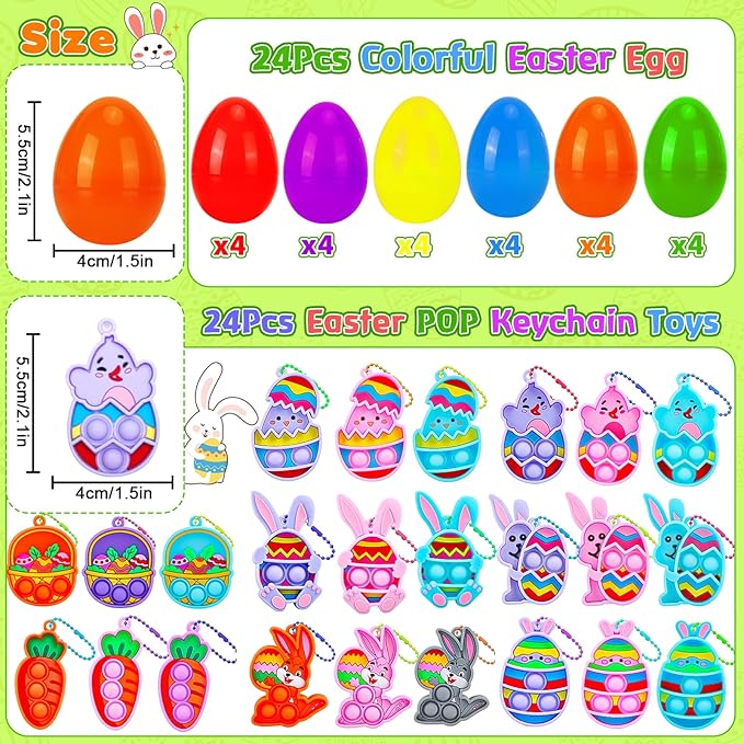 Easter Pop Fidget Toys for Kids, 24 Pack Filled Easter Eggs with Mini Fidget Pop keychain Toys,Idea for Easter Egg Hunt Toys, Basket Stuffers&Party Favors