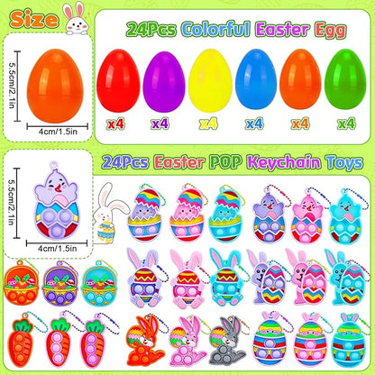 LUBUYILD 24PCS Easter Eggs with Pop Fidget Toys Keychains for Kids Girls Boys Easter Basket Stuffers, Egg Hunt Prizes and Party Favors