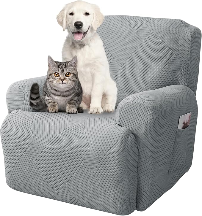 Jin Le Stretch Recliner Covers 4 Pieces Recliner Couch Covers Recliner Chair Covers for Lazy Boy Recliner Furniture Protector Sofa Covers with 2 Pockets for Kids, Dogs-Light Gray