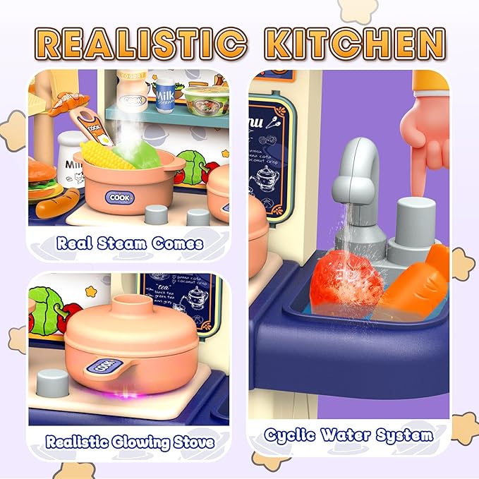 Mini Kids Kitchen Playset with Apron, Play Kitchen Toy with Realistic Steam and Lights, Play Sink and Toy Kitchen Accessories, Pretend Play Gift for Toddlers 3-5 Boys Girls (Blue)