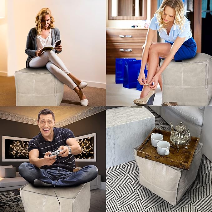 Louis Donné Unstuffed Pouf Ottoman Footstool Cover Handmade Faux PU Leather Moroccan footrest Cover for Living Room Storage Clothes blancket Balcony Office Outdoor Square Beige 17.7"(Only Cover)