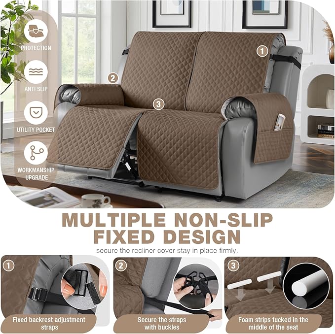 TAOCOCO Waterproof Recliner Loveseat Cover Non-Slip Sofa Slipcover, Pet Couch Cover for Loveseat Recliner with Straps, Washable Reclining Loveseat Cover Furniture Protector (2 Seater, Brown)