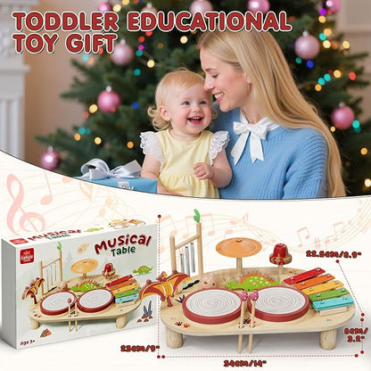 Lehoo Castle Baby Drum Set, Wooden Musical Instruments, Montessori Toys for Toddlers 1-3, Percussion Set with Xylophone Maracas Egg Shaker Drum Sticks, Preschool Christmas Birthday Gift