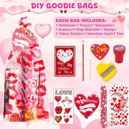 Valentine's Day Gifts for Kids, 240Pcs Classroom Exchange Stationery Set with Card,Pencil, Sharpener, Eraser, Notebook,Slap Bracelet, Stamp,Tattoo Sticker, Goodie Bag Stuffers for School Party Favors