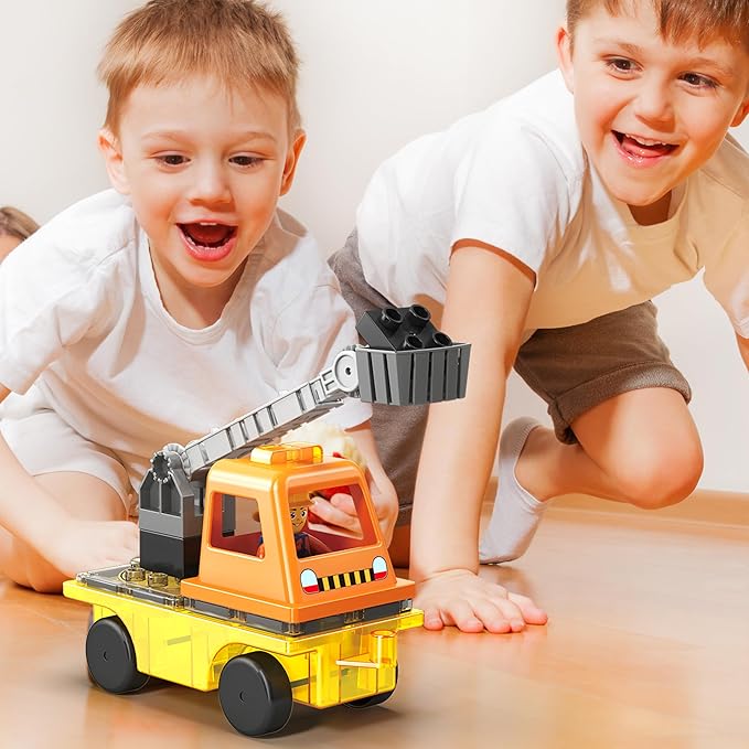 PicassoTiles Magnet Tile Building Blocks 3-in-1 Crane, Dump Truck, and Ladder Construction Vehicle Brick Compatible Magnetic Tiles Toy Set with Car Base Character Action STEM Learning Kit Age 3+ PTU03