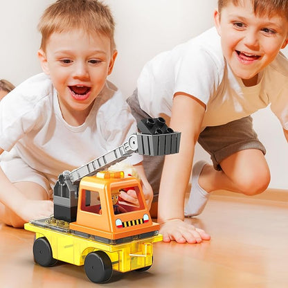 PicassoTiles Magnet Tile Building Blocks 3-in-1 Crane, Dump Truck, and Ladder Construction Vehicle Brick Compatible Magnetic Tiles Toy Set with Car Base Character Action STEM Learning Kit Age 3+ PTU03