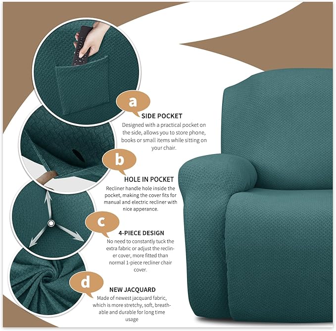 JIVINER 8-Piece Recliner Sofa Covers Stretch Jacquard Couch Covers for Recliner Slipcovers for Living Room 3 Cushion Soft Recliner Protector with Pocket (Sofa Recliner, Peacock Blue)