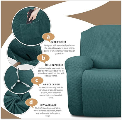 JIVINER 8-Piece Recliner Sofa Covers Stretch Jacquard Couch Covers for Recliner Slipcovers for Living Room 3 Cushion Soft Recliner Protector with Pocket (Sofa Recliner, Peacock Blue)