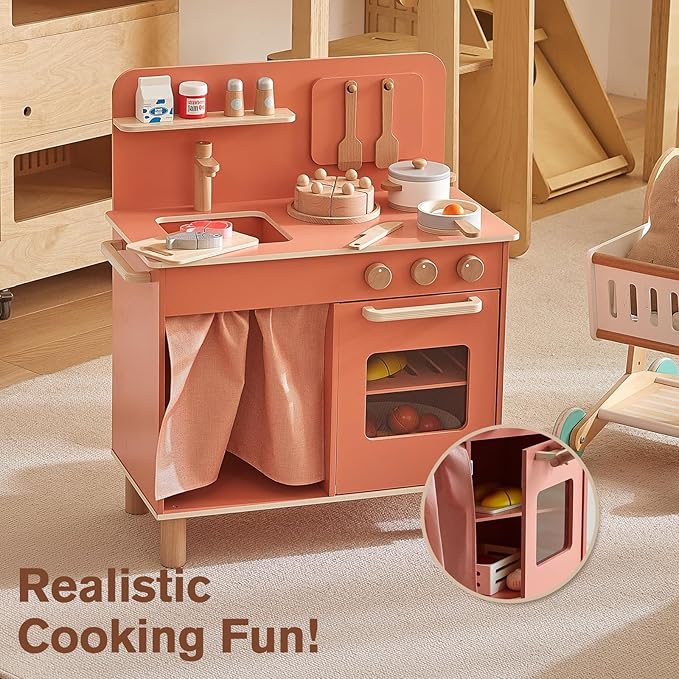Giant bean Wooden Play Kitchen, Nordic Play Kitchen for Toddlers 1-3, with Cookware Accessories, Pretend Cooking Food Set for Toddlers Boys & Girls
