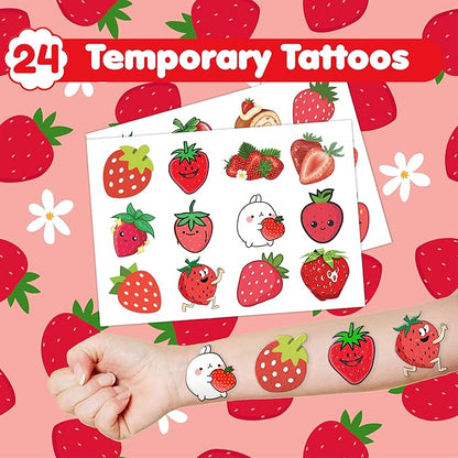 48PCS Strawberry Party Favors - 24PCS Tattoos & 24PCS Slap Bracelets - Berry Themed Birthday, Baby Shower, Goody Bag Fillers, Summer Party Supplies, Classroom Prizes, Gifts for Kids & Toddlers