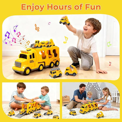 Construction Toy Trucks with 6 Construction Vehicles, Sound Light Transport Carrier Truck Construction Toys for Kids 3-5-7, Toddler Boy Toy for 3 4 5 6 7+ Year Old Boy Birthday Gifts Christmas