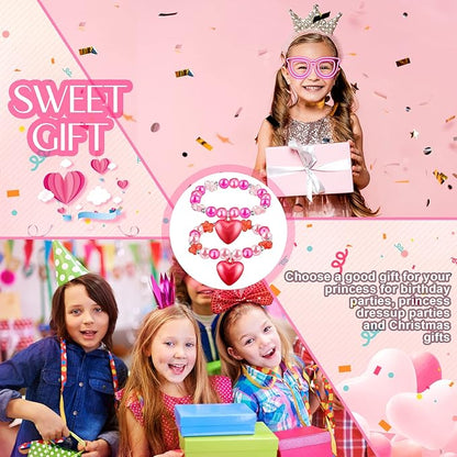 6 PCS Valentine's Day Girls Beaded Bracelets Cute Chunky Bubblegum Bracelets Heart Pendant Crystal Beaded Bracelet for Birthday Photo Props Costume Party Favors, Pink and Red