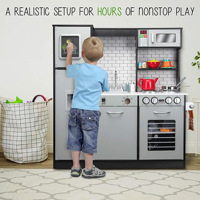 Lil' Jumbl Kids Kitchen Set, Pretend Wooden Play Kitchen, Battery Operated Icemaker & Microwave with Realistic Sound, Pots & Pan Included - Charcoal