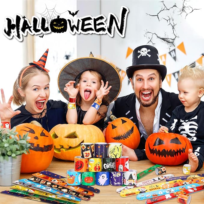 JUNEBRUSHS 56 Pack Halloween Slap Bracelets for Halloween Slap Bands Wristband Halloween Party Favors Snap Bracelets Bulk for Birthday Gifts Toys Party Bag Fillers