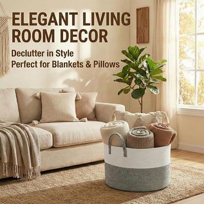 JMvicyroam 65L Extra Large Blanket Basket for Living Room - Woven Cotton Rope Laundry Hamper with Reinforced Handles - Storage Bin for Pillows, Comforters & Toys - Machine Washable,White&Grey