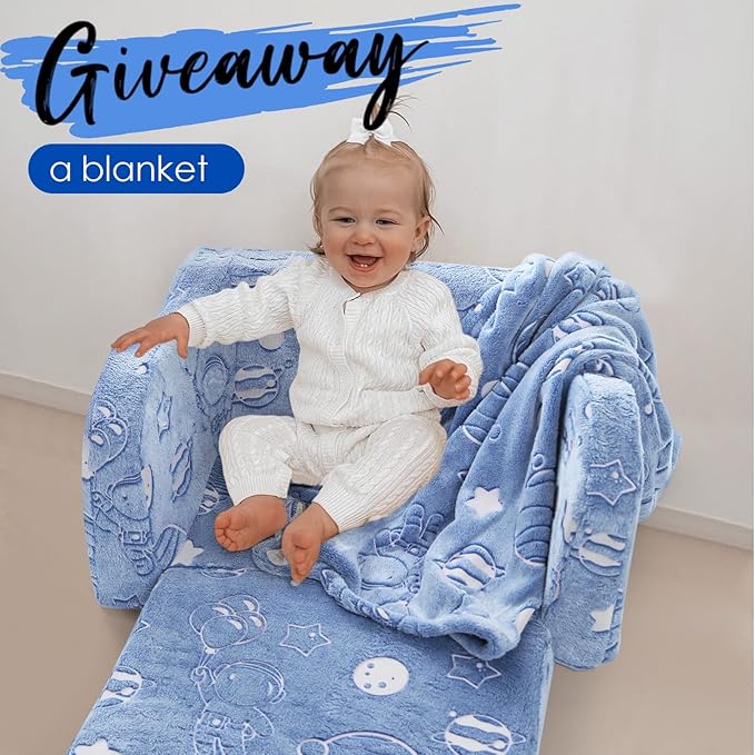 MeMoreCool Toddler Fold-Out Chair for Girls Boys, Glow-in-The-Dark Folding Baby Couch, Convertible Plush Recliner Lounger for Kids Playroom (Glowing Astronaut)