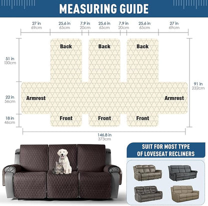 TAOCOCO 100% Waterproof Recliner Sofa Cover-Non Slip Split Couch Covers for Reclining Couches with Elastic Straps,Couch Covers for 3 Cushion Couch Sofa Pet Friendly(Chocolate, 3 Seater)