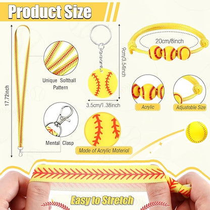 Abbylike 60 Pcs Softball Party Favors Set Softball Gifts for Girls 12 Softball Drawstring Bags 12 Softball Hair Ties 12 Softball Bracelets 12 Lanyards 12 Keychains for Sports Team Party Supplies