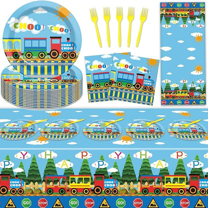 gisgfim Train Birthday Party Supplies Train Theme Party Tableware Includes Train Party Plates Napkins Fork and Train Theme Tablecloth for Birthday Parties Decorations Set Serve 20