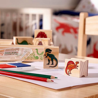 Melissa & Doug Wooden Stamp Set: Dinosaurs - 8 Stamps, 5 Colored Pencils, 2-Color Stamp Pad Kids Arts And Crafts, Washable Ink Pads For Kids, Dinosaur Stamps For Ages 4+ - FSC-Certified