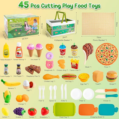 78Pc Pretend Play Food for Kids Kitchen, Cutting Toy Food with Storage Basket, Play Kitchen Accessories, Food Toys with Veggies, Fruits, Fake Food with Pizza Toy, Pretend Food, Boys Girls Gift