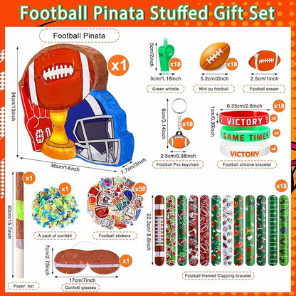 162 Pcs Football Piñata Football Party Favors with Blindfold Confetti Bat Stress Balls Keychains Wristbands Whistles Eraser Slap Bracelet Stickers Sports Piñata Birthday Party Decorations