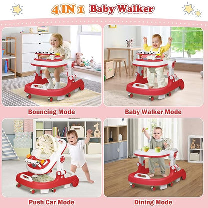 Baby Walker with Wheels, 4 in 1 Foldable Baby Walkers for Boys Girls 6-18 Months, 3 Level Height Adjustment with Bouncing, Feeding Tray & Music, Baby Walker with Activity Center, Toddler Push Walker