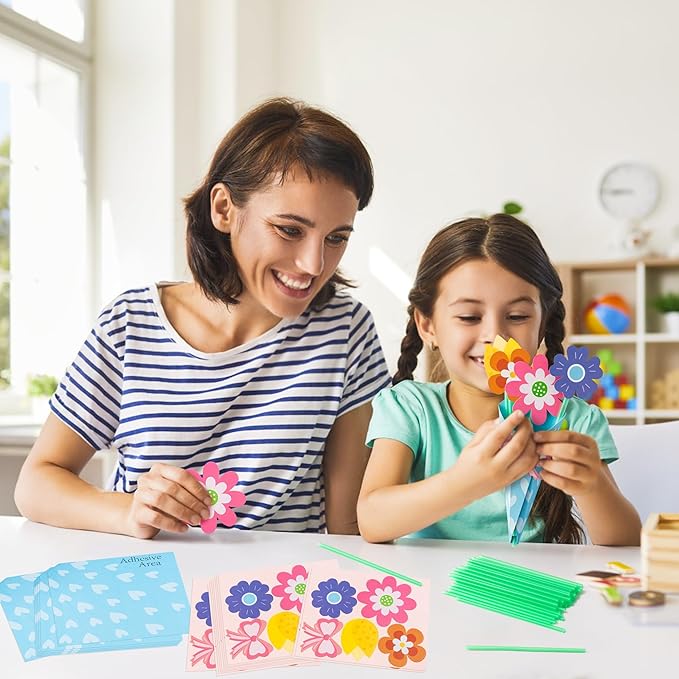 BeYumi Flower Bouquet Craft Kit - 24Pcs Teacher Appreciation Week Flower Bouquet Craft in Two Colors for Kids Make Your Own Flower Bouquet Mother's Day DIY Gift School Classroom Home Fun Activities