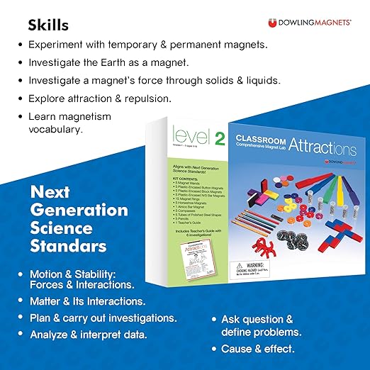 Dowling Magnets Classroom Attractions Comprehensive Magnet Lab: Level 2, Grades 1-3 (Ages 6-9). Classroom Magnets/Science Kit/STEM Kit/Kids Magnets for Classroom/Science Experiments. Item 731302.
