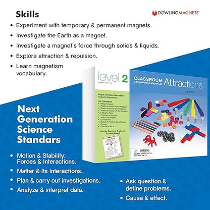 Dowling Magnets Classroom Attractions Comprehensive Magnet Lab: Level 2, Grades 1-3 (Ages 6-9). Classroom Magnets/Science Kit/STEM Kit/Kids Magnets for Classroom/Science Experiments. Item 731302.