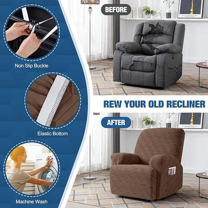 TAOCOCO Oversized Recliner Cover Stretch Recliner Chair Covers, Jacquard Reclining Chair Cover, Furniture Protector Sofa Slipcovers Couch Covers with Elastic Bottom for Kids, Pets(Brown)