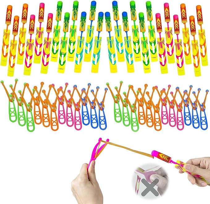 50 Pcs Slingshot Outdoor Toys,Glow in The Dark Party Supplies Toys Rocket with Launcher,Glow Sticks Easter Basket Stuffers Birthday Christmas Gifts Party Favors for Kids 4-8-12 Bulk Toys