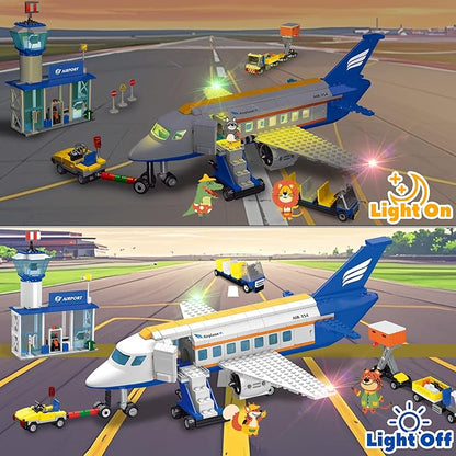 City 3 in 1 Airplane Building Set with Light, 717 PCS Toy Plane Building Blocks Kit with Airport Terminal, Luggage Truck, Aircraft STEM Toys Gift for Boys Girls Kids 6 7 8 9+ Years Old