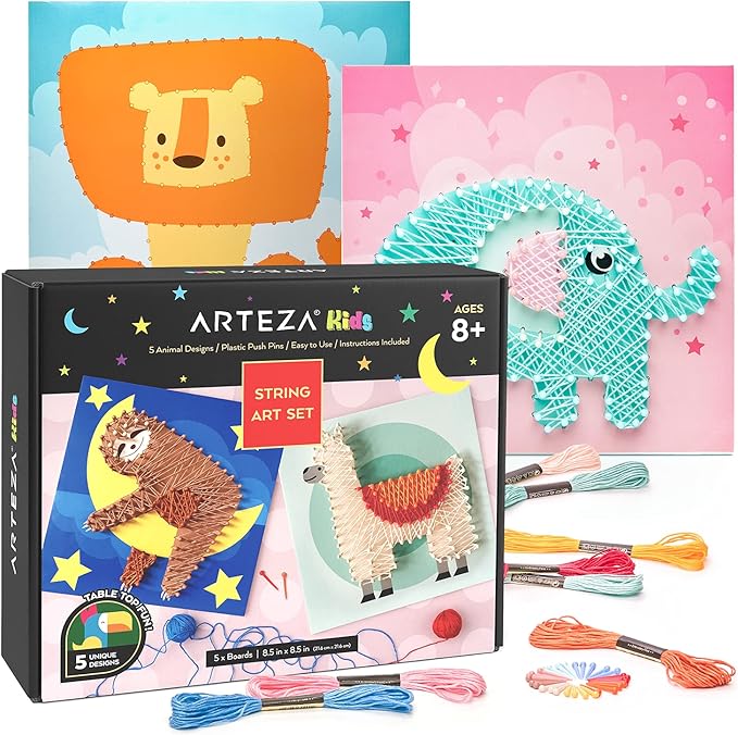 Arteza Kids String Art Kit, Set of 5 Animal Designs, Plastic Pushpins, Art Supplies for Kids Craft Projects and Free Time Activities