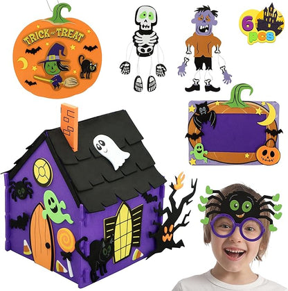 JOYIN Halloween Foam Craft Kit, Party Favors for Kids, Art Crafts with 3D Haunted House, Photo Frame, 2 Halloween Characters Decor, Glasses, Trick or Treat Door Sign Hanger, School Activities Games