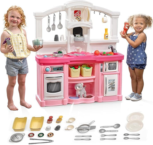 Step2 Fun with Friends Kids Kitchen Playset, Indoor/Outdoor Kitchenette, Interactive Play with Lights and Sounds, Durable Plastic, Includes 25 Piece Toy Accessories, Toddlers 2+ Years Old, Pink